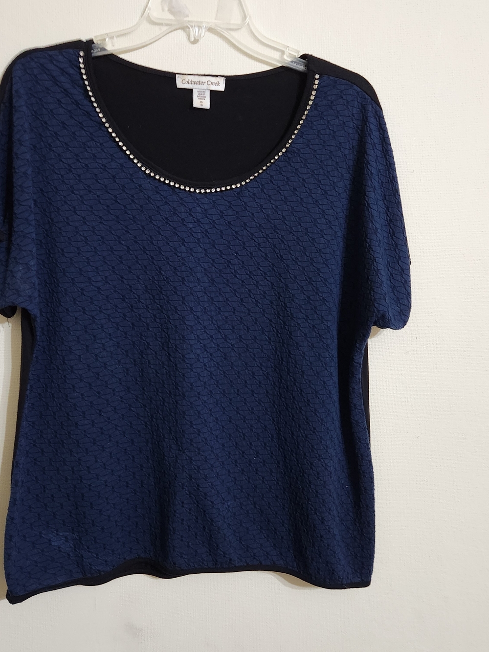Coldwater Creek Navy Short Sleeve Scoop Neck Top with Rhinestone Trim